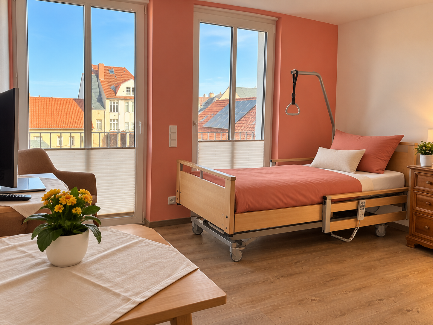 Apartment in der Senioren-WG Marienresidenz, 3. Etage – mit Terrakotta-Wandstreifen